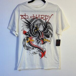 Ed Hardy small Ivory White Tee with Bold Graphic Design NWT